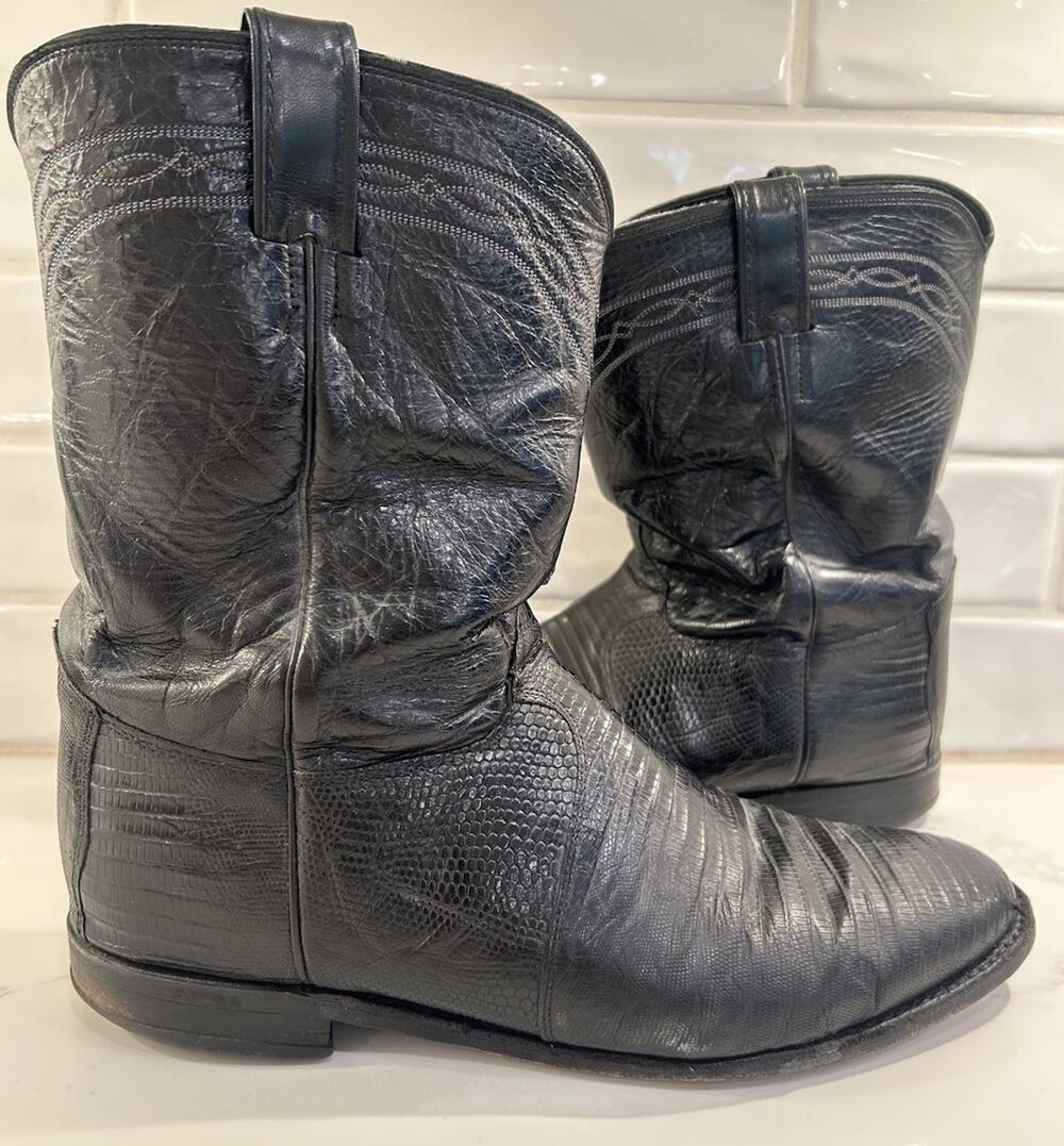 Vtg Justin 3112 Lizard Skin Cowboy Boots Mens Sz 12 EE USA Black Exotic Western